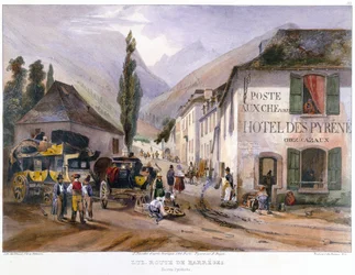 Chegada e reparo de uma diligência na Luz na estrada para Barreges, c.1840