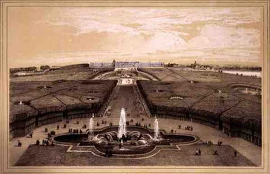 Vista Geral do Parque e Palácio em Versalhes, publicado por Auguste Bry (litho)