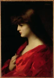 Estudo de uma mulher de vermelho no início da década de 1890