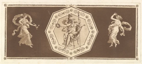 Minerva sentada em um octógono decorativo, com uma figura à esquerda e à direita a Noite..., 1784.
