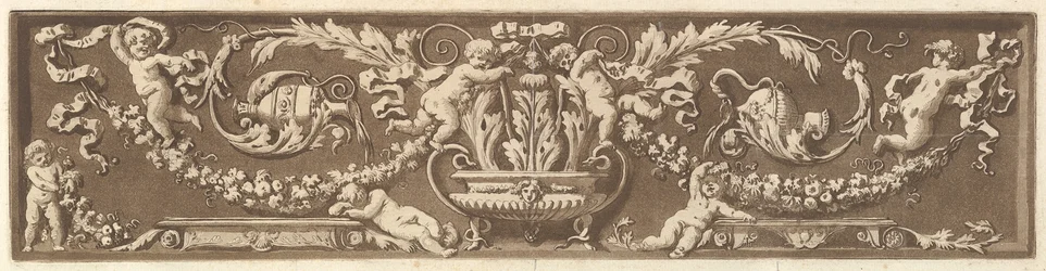 Friso ornamental com putti, folhas de acanto e guirlandas de frutas, de Recueil de Diff..., 1784.