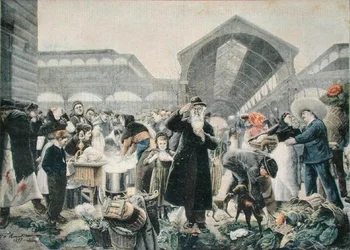 Carrinho de sopa no mercado Les Halles de manhã, ilustração do Le Petit Journal, 2 de março de 1897, gravado por Fortune-Louis Meaulle (1844-1901)