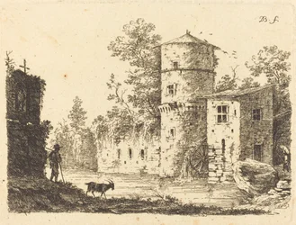 Torre antiga com moinho de água