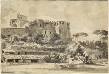 Vista de uma villa italiana e jardins (o Belvedere do Vaticano)