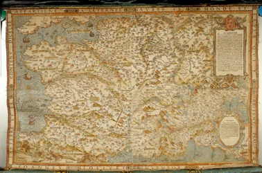 Mapa geográfico da Gália mostrando as fronteiras com a Alemanha e a Itália. Realizado pelo cartógrafo Jean Jolivet (século XVI)