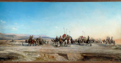 À procura de uma caravana de campismo de nómadas e camelos no deserto. Pintura de Jean Joseph Bellel (1816-1898) Montpellier do século XIX, Musee Fabre - À procura de um acampamento. Caravanas de nómadas e camelos no deserto. Pintura de Jean Joseph Bellel 