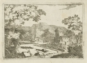 Paisagem fluvial com casas e torres