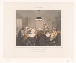 Sete homens lendo em uma mesa Le cabinet de lecture / O clube de leitura / Das lesecabinet (título no objeto) Representações de atividades especiais (título da série) Musée omnibus (título da série no objeto)