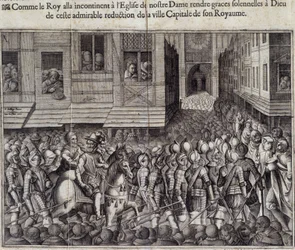 Entrada de Henrique IV (1553 - 1610) em Paris em 22 de Março de 1594 e ida à Catedral de Notre Dame para assistir à Missa - Gravação de Jean Lecler, depois de Bollery, Musee de Notre Dame de Paris