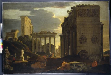 Vista Capriccio com figuras de um arco triunfal e os Templos de Saturno e Júpiter Tonans (óleo sobre tela)