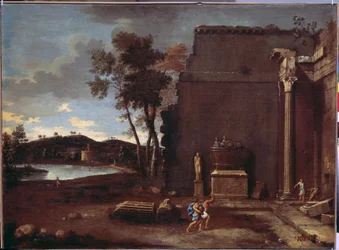 Paisagem com um sarcófago. Pintura de Jean Le Maire (1597-1659). Arte francesa, óleo sobre tela. Museu Hermitage, São Petersburgo