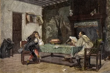 Colaboração entre Jean Baptiste Moliere e Pierre Corneille - "Les auteurs Jean-Baptiste (Jean Baptiste) Poquelin dit Moliere (1622-1673) et Pierre Corneille (1606-1684)" gravura após a pintura de Jean-Leon (Jean Leon) Gerome