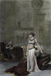 A rainha do Egipto Cleópatra VII Thea Philopator (69-30 a.C.) e Júlio César (100-44 a.C.) - Cleópatra perante Júlio César na peça de Shakespeare, António e Cleópatra, segundo a pintura de Jean Léon Gérôme