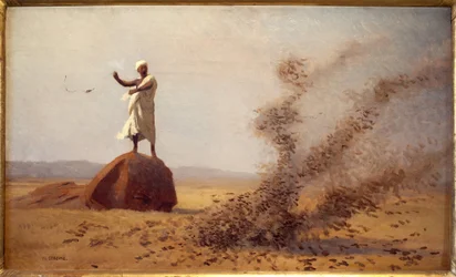 Árabe assustador de cotovias. (Mesa inacabada). Pintura de Jean Leon Gerome (1824-1904), óleo sobre tela, cerca de 1900. Arte francesa do início do século XX, orientalismo. Museu de Vesoul.