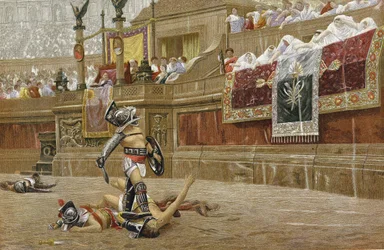 Gladiadores na arena romana: os espectadores fazem o sinal de "polegar para baixo", indicando que o vencedor não deve poupar o seu adversário. Cromolitografia segundo a pintura de JL Gerome.