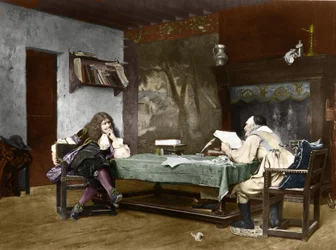 Os autores Jean-Baptiste (Jean Baptiste) Poquelin dit Moliere (1622-1673) e Pierre Corneille (1606-1684). Século XIX (litografia após a pintura de Jean-Leon (Jean Leon) Gerome)