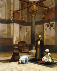 Três pessoas orando na mesquita da esquina; Três personagens orando em um canto da mesquita,