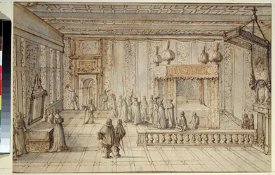 A Câmara do Rei Luís XIV (1638-1715) em Versalhes. A Câmara do Rei Luís XIV em Versalhes. Desenho de Jean Le Pautre (1618-1682)