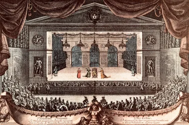 "Le malade imaginaire" (O Inválido Imaginário) de Jean Baptiste Poquelin dit Moliere em Versalhes (gravura colorida)