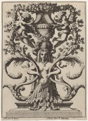 Ornamento com uma mulher virando folhagem