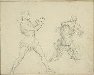 Boxeador virado para a direita e dois homens a lutar