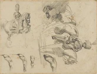 Esboços de cavalos, soldados e cascos