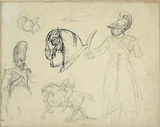 Esboços de cavalos e soldados
