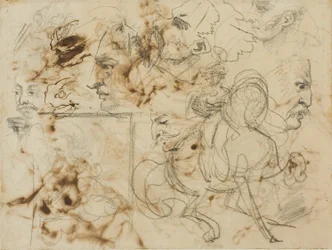 Esboços de rostos de homens, focinheiras de cavalos e soldados montados