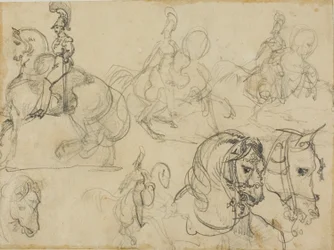 Esboços de carabineiros montados e cabeças de cavalos
