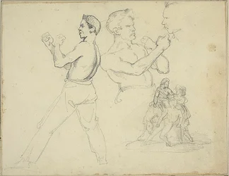 Estudos de pugilistas e esboço de um cavaleiro assistido por duas figuras
