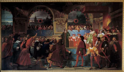 O rei Luís XII proclamou pai do povo aos Estados Gerais de Tours em 14 de Maio de 1506. Este título é-lhe dado porque ele reduziu o tamanho, o imposto pago pelos plebeus. Pintura de Jean Louis Bezard (1799-1861)