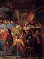 O rei Luís XII proclamou o pai do povo aos Estados Gerais de Tours em 14 de Maio de 1506 Detalhe. Pintura de Jean Louis Bezard (1799-1861)