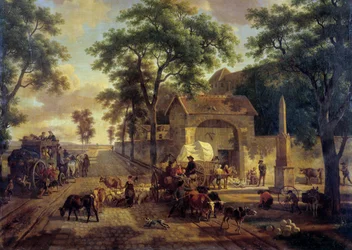 Uma estrada paisagística com carroças de camponeses, manadas e pastores. Pintura de Jean Louis Demarne (1744-1829) Século XIX. Dim. 0,5x0,61 m.
