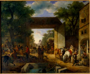 Uma feira à porta de uma pousada Pintura de Jean Louis Demarne (1744-1829) Sol do século XIX. 0,5x0,6 m
