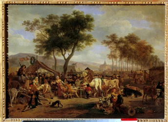 Feira na entrada de uma aldeia Cena de comida e comércio numa feira de aldeia. Pintura de Jean-Louis Demarne (1744-1829) Sol. 036x0,5 m