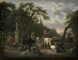 Paisagem italiana com pastores e animais em uma fonte