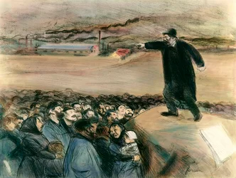 Um agitador diante dos operários. Um dirigente do movimento operário reivindica num discurso os direitos dos trabalhadores. Século XX. Coleção particular