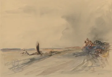 Terra devastada, figuras numa paisagem, c. 1919 (lavagem a cinzento, aguarela e guache)