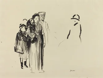 Mulher e duas crianças com soldados alemães, c. 19141919.