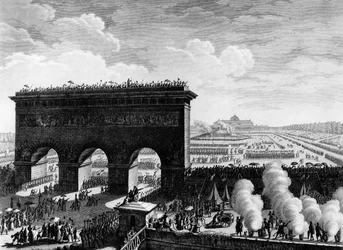 Revolução Francesa: Festa da Federação a 14 de Julho de 1790, nos Champs de Mars, em Paris. Gravura de Berthaut depois de Prior. Paris, Biblioteca do Instituto de História da Revolução