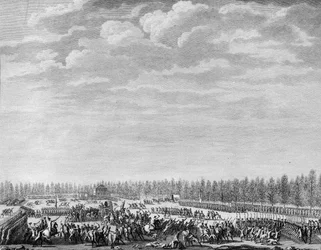 Revolução Francesa: Gilbert du Motier, Marquês de la Fayette (1757-1834) teve duzentos soldados desarmados por indisciplina nos Campos Elíseos em Paris, a 12 de Janeiro de 1790. Gravura de Berthaut depois de Prior. Paris, Biblioteca do Instituto de Históri