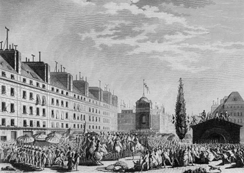 Revolução Francesa: Proclamação da Constituição (Monarquia Constitucional: Separação de poderes e instituição da Monarquia Constitucional) Place du Marche des Innocents em Paris, em 14 de setembro