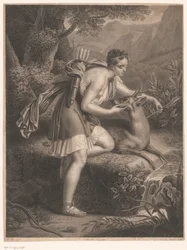 A ninfa de Diana tira uma flecha do pescoço de um cervo La Nymphe de Diane (título no objeto)