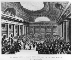 Oferendas apresentadas à Assembleia Nacional na Salle des Menus-Plaisirs por mulheres artistas, 7 de setembro de 1789, gravado por Pierre Gabriel Berthault (1737-1831)