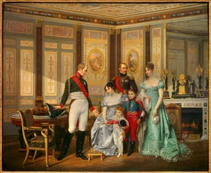 A imperatriz Josefina de Beauharnais (1763-1814) recebe o czar Alexandre I (1777-1825), a quem recomenda os seus filhos, em Maio de 1814. A imperatriz está rodeada por Eugénio Rose de Beauharnais, dito príncipe Eugénio (1781-1824), Hortênsia de