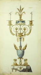 Design para um candelabro de bronze dourado e esmalte (caneta e tinta com w - c no papel)