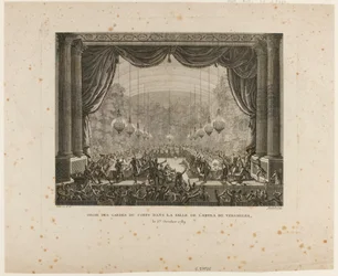 Banquete dos guardas do corpo, dos regimentos da Flandres, dos dragões de Montmorency e das Guardas Nacionais de Versalhes. Pisando a roseta nacional, exibem a roseta negra, sinal da "Confederação Aristocrática"