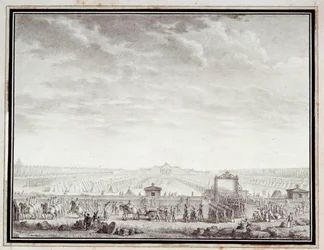 Revolução Francesa: "Les troupes du Champ-de-Mars partindo para a Praça Luís XV: 12 juillet 1789" Desenho a tinta e lavagem por Jean-Louis Prieur (1759-1795) Século XVIII. Dim. 0,17x0,23 m. Paris, Musee Carnavalet
