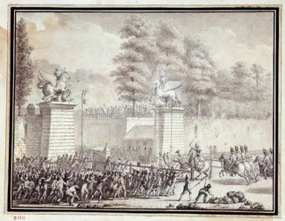 Revolução Francesa: "Monsieur de Lambesc entra nas Tuileries com um destacamento do Regimento Real Alemão em 12 de Julho de 1789" Desenho a tinta e lavagem por Jean-Louis Prieur (1759-1795)