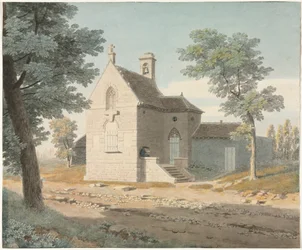 Igreja por uma estrada, entre 1700 e 1800.